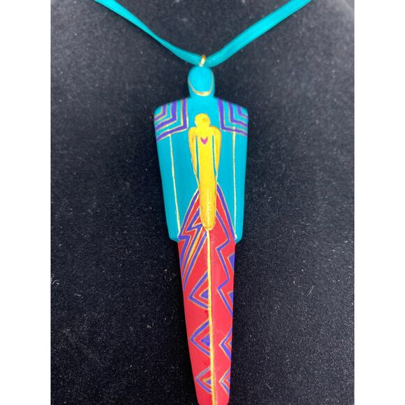 Vintage Signed brightly painted wood pendant Laurel Burch 1992 - Picture 1 of 5